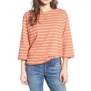 Madewell orange striped boat neck blouse with wise 3/4 length sleeve